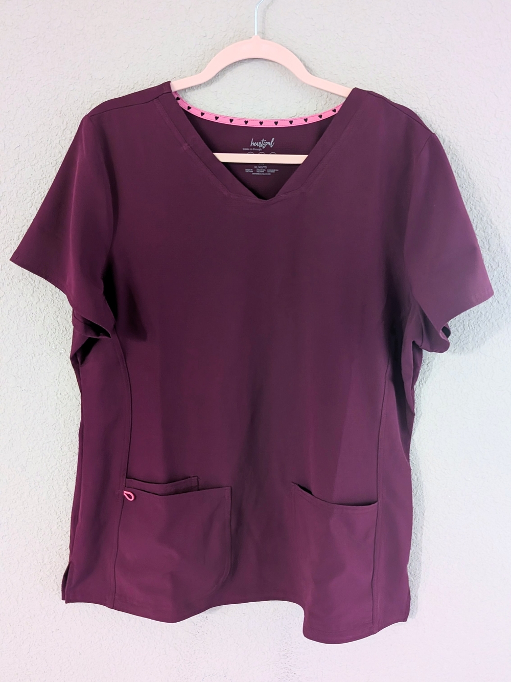 HeartSoul Women's Short Sleeve V-Neck Scrub Top - Plum with Pink Trim